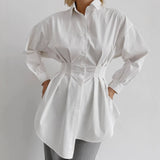 cinched pleated lapel long sleeve shirt